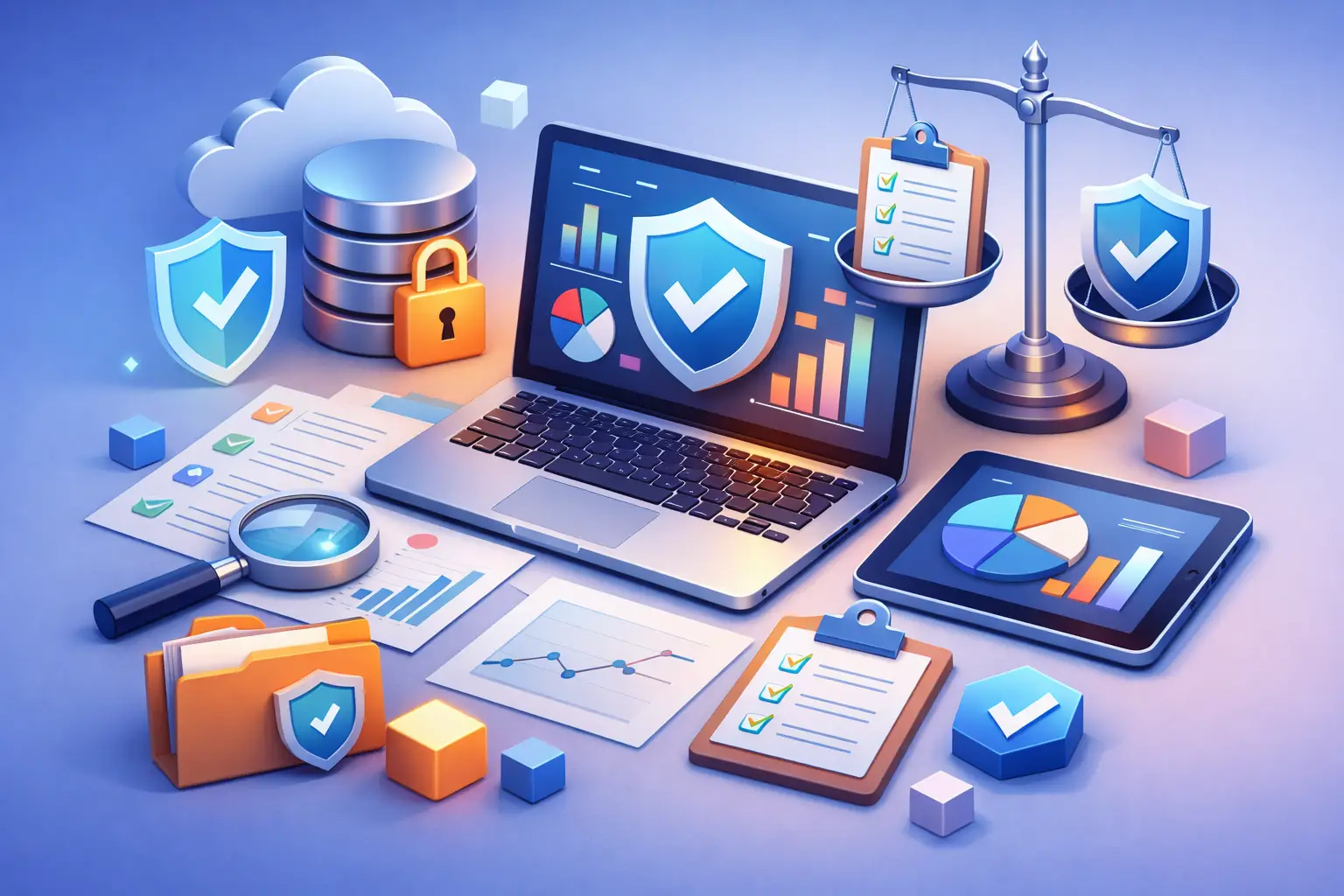 Illustration of a laptop, scales of justice, checklists and shield icons representing a DPIA assessment tool