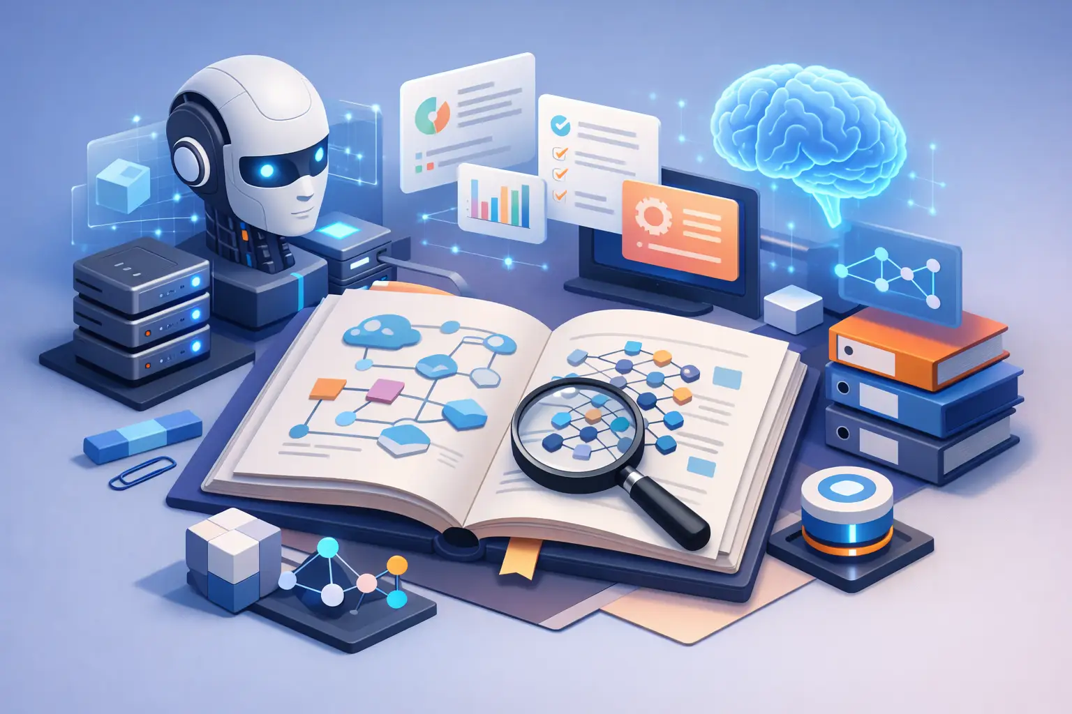 Isometric illustration of AI system documentation with open record book, system diagrams, magnifier and analytics dashboards