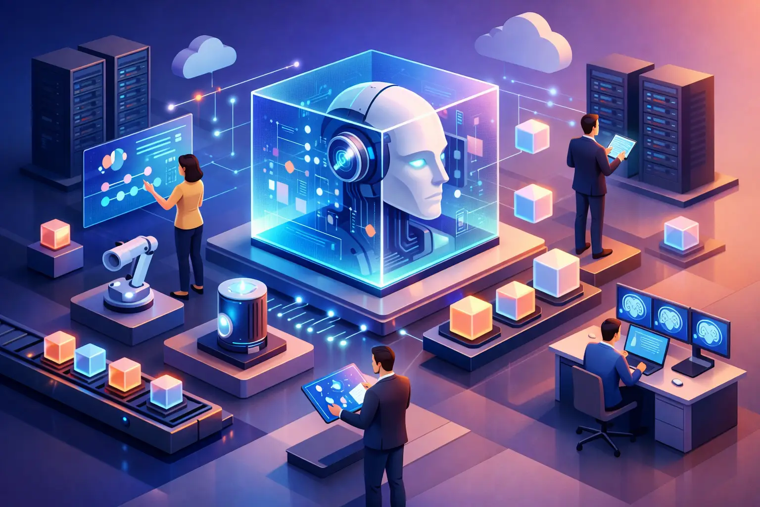 3D illustration of an AI system registry with a holographic AI model, connected data centres and governance teams reviewing dashboards