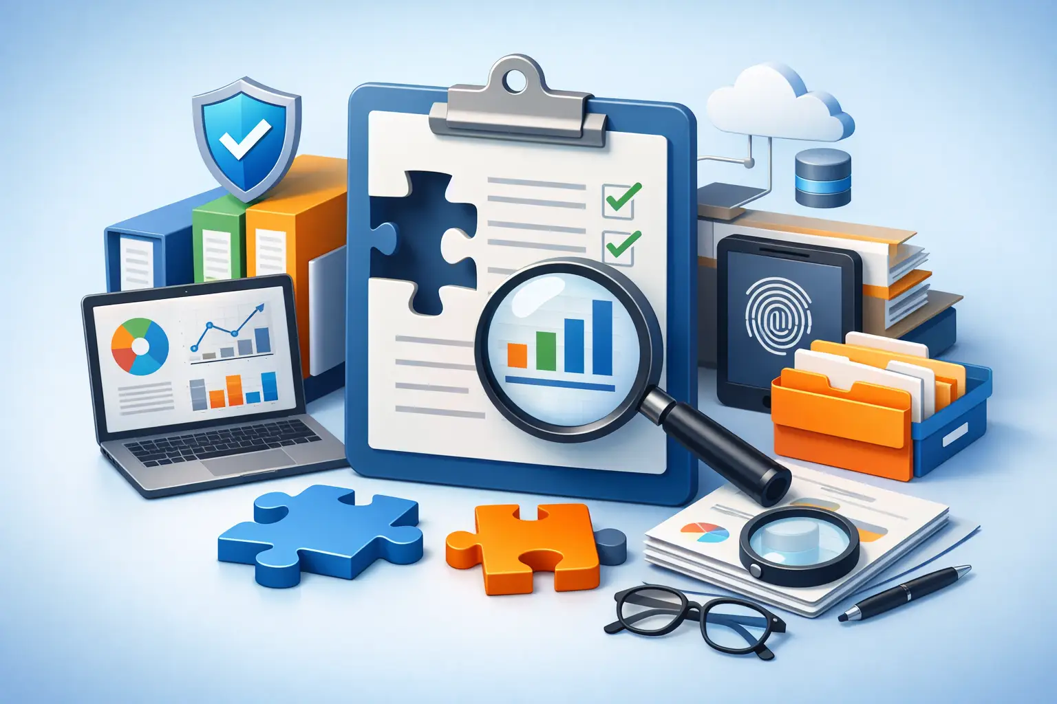 Clipboard with checklist, magnifier over analytics, laptop and folders illustrating structured audit evidence