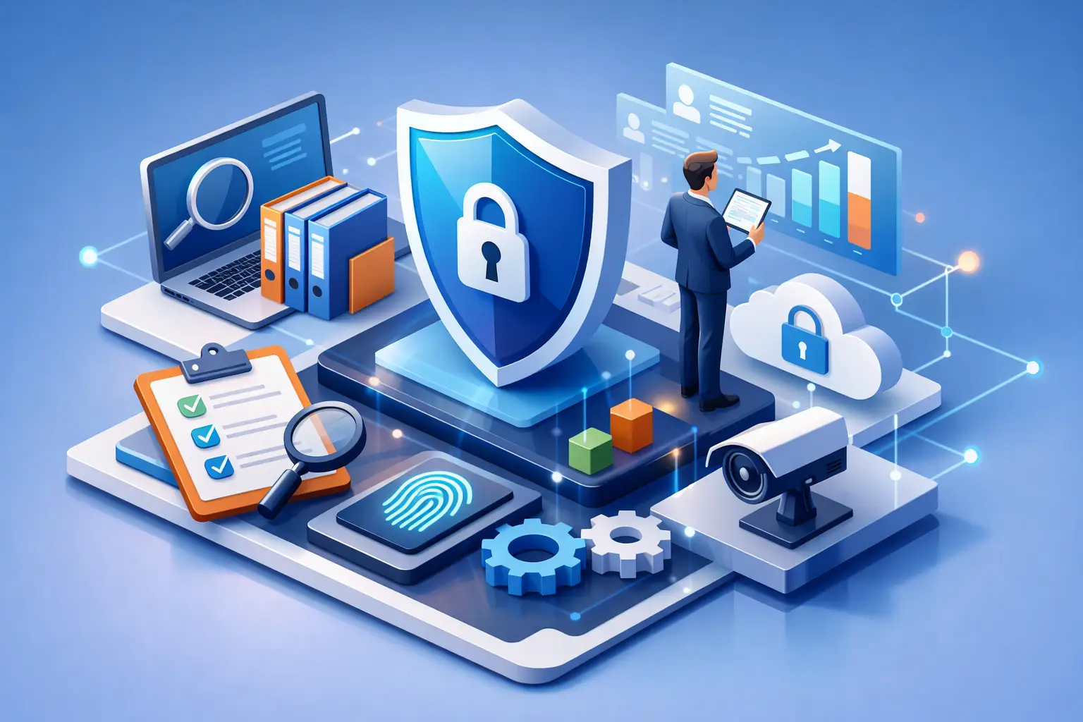 Isometric illustration of operational privacy governance: shield, dashboards, checklists, cloud and AI components connected in a controlled environment