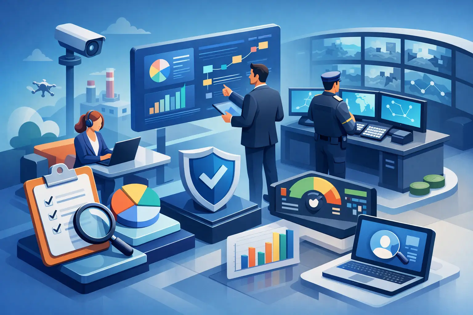 3D illustration of an LIA assessment workspace with clipboard checklist, magnifier, governance shield, dashboards and reviewers at laptops