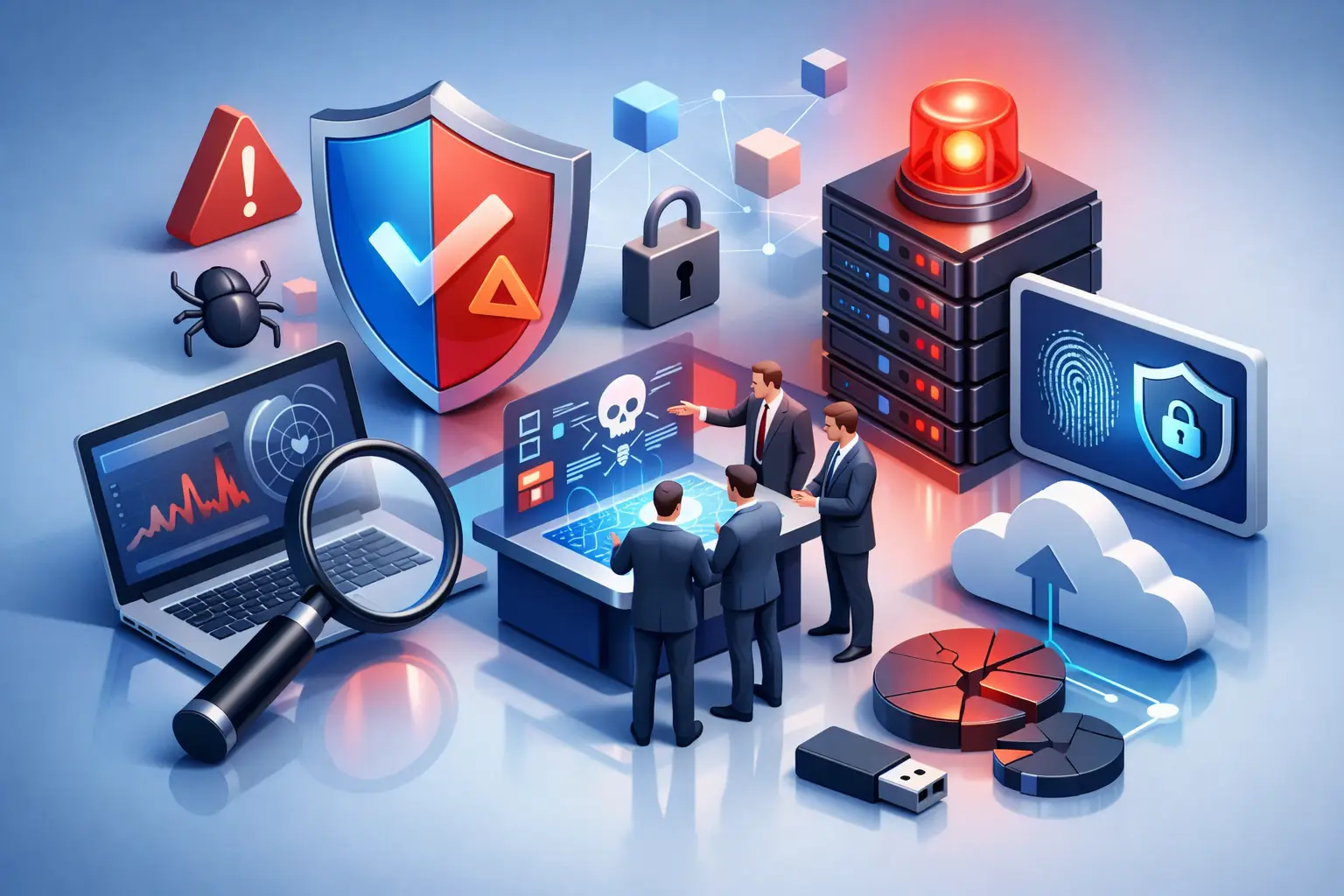 Isometric illustration of breach triage: security shield, alert siren, investigators reviewing an incident dashboard with servers and forensic tools