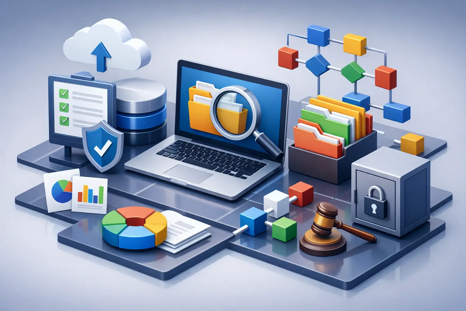 3D illustration of ROPA governance structure with laptop, records folders, workflow diagram, analytics charts, gavel and secure storage vault
