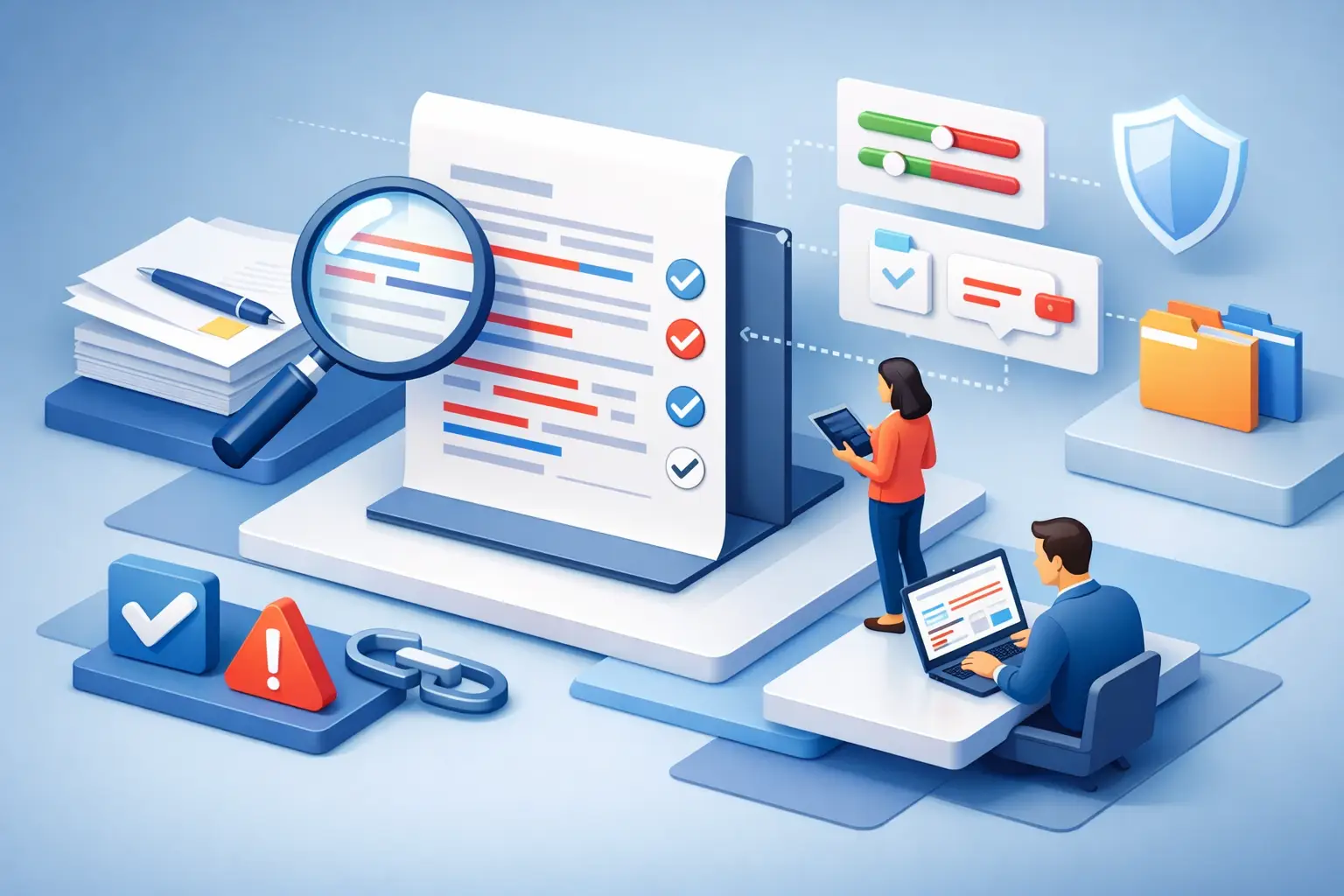 Isometric illustration of contract redline tracking with marked-up document, magnifier, approval markers and legal reviewers