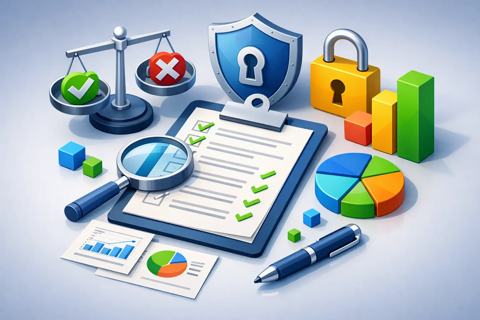 Illustration of scales, a clipboard checklist, shield and padlock representing a legitimate interest assessment