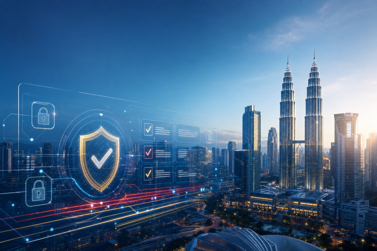 Kuala Lumpur skyline with digital privacy shield and compliance checklist representing Malaysia PDPA governance