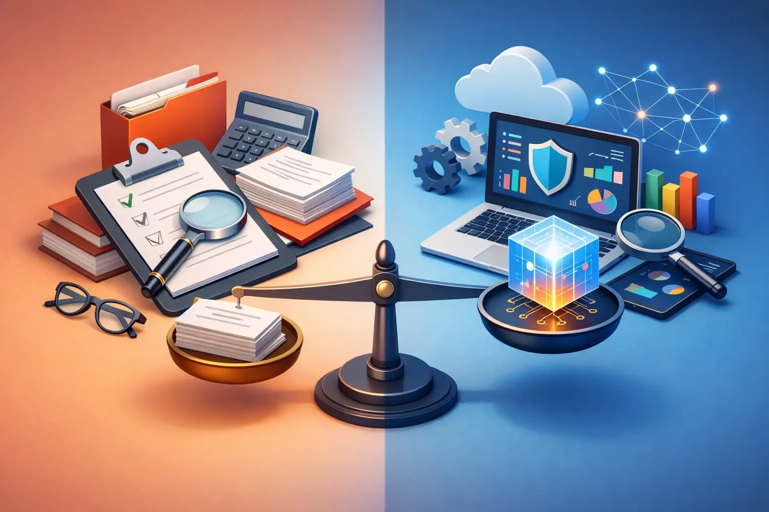 Split illustration comparing manual DPIA paperwork on one side with a software dashboard, scales and cloud governance on the other