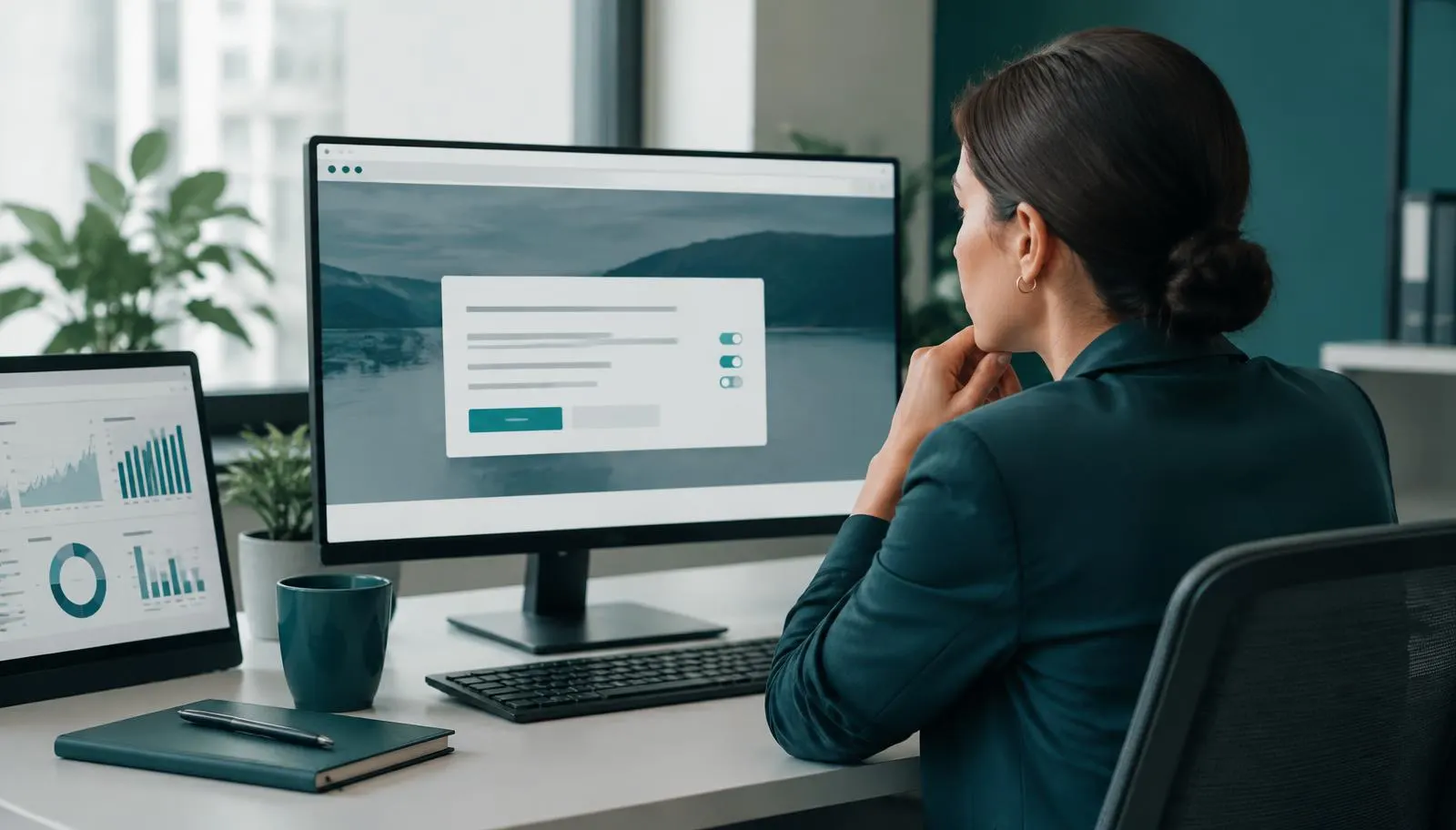 Specialist reviewing a website consent banner design alongside analytics charts