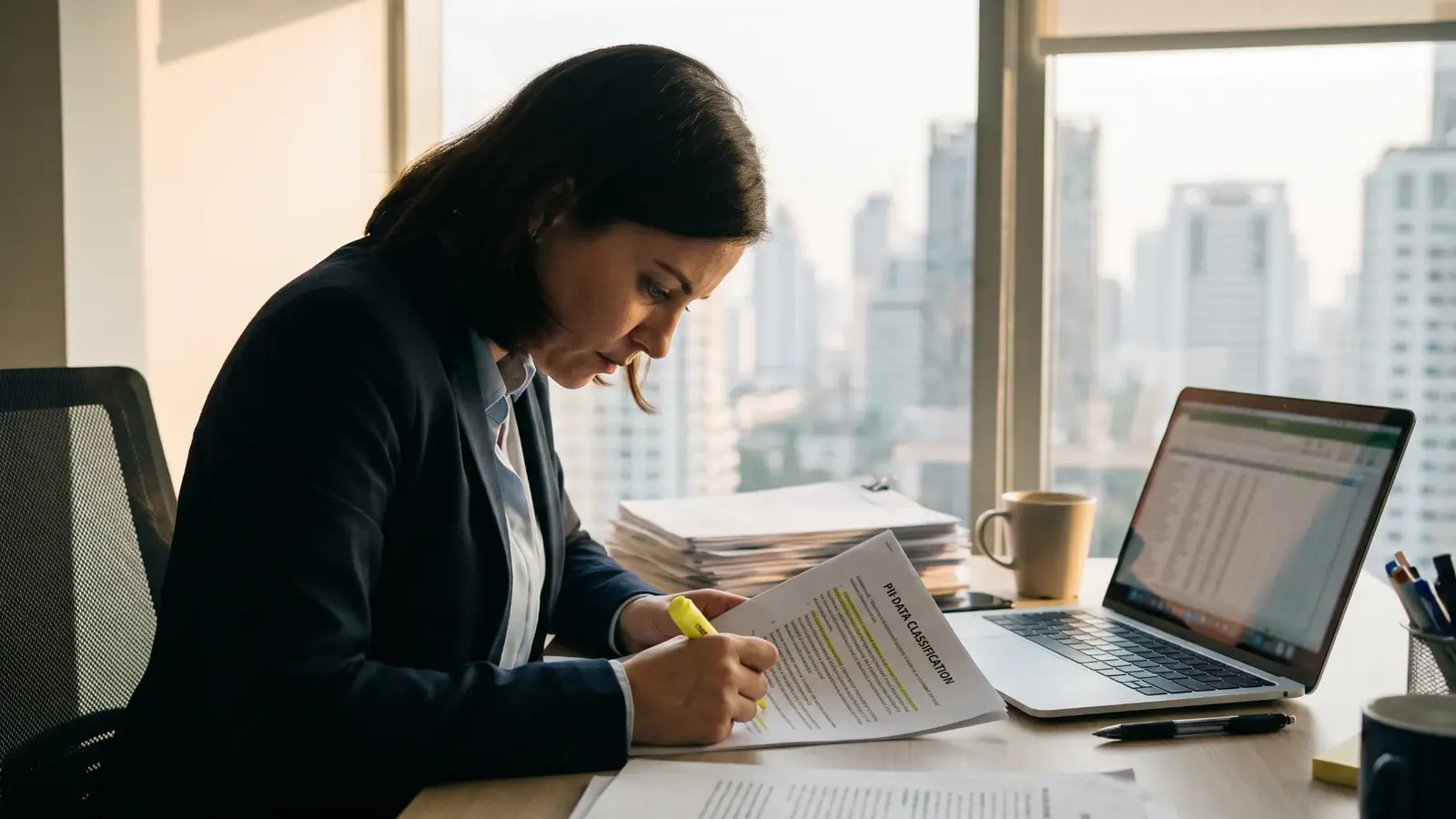 Privacy professional highlighting a PII data classification document beside a laptop in a city office