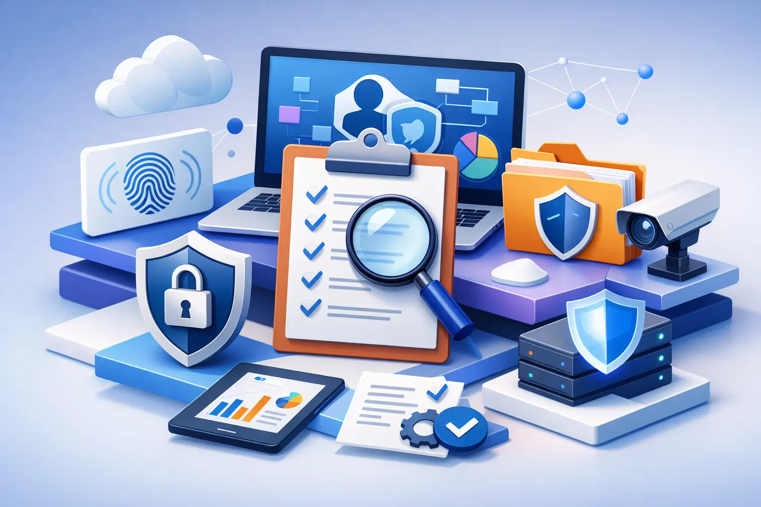 3D illustration of a privacy assessment review with clipboard checklist, magnifier, security shields, dashboards and linked data systems