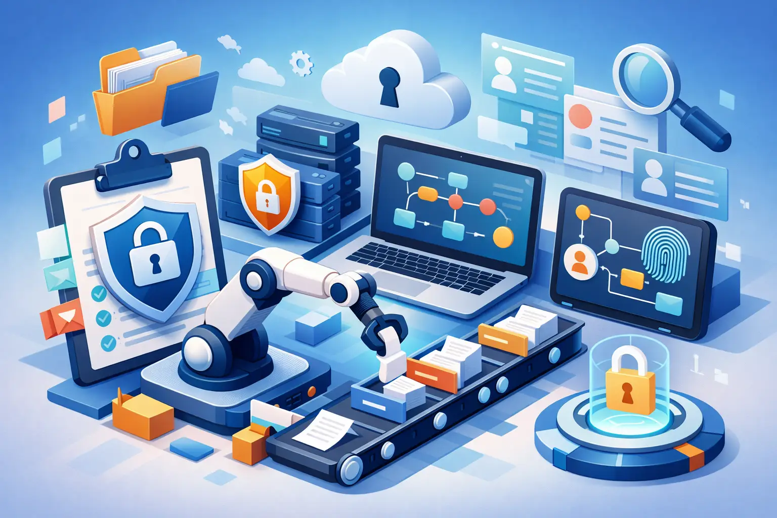 Illustration of automated privacy compliance workflows with robotic arm, laptop showing process flow, shields, and locked data records