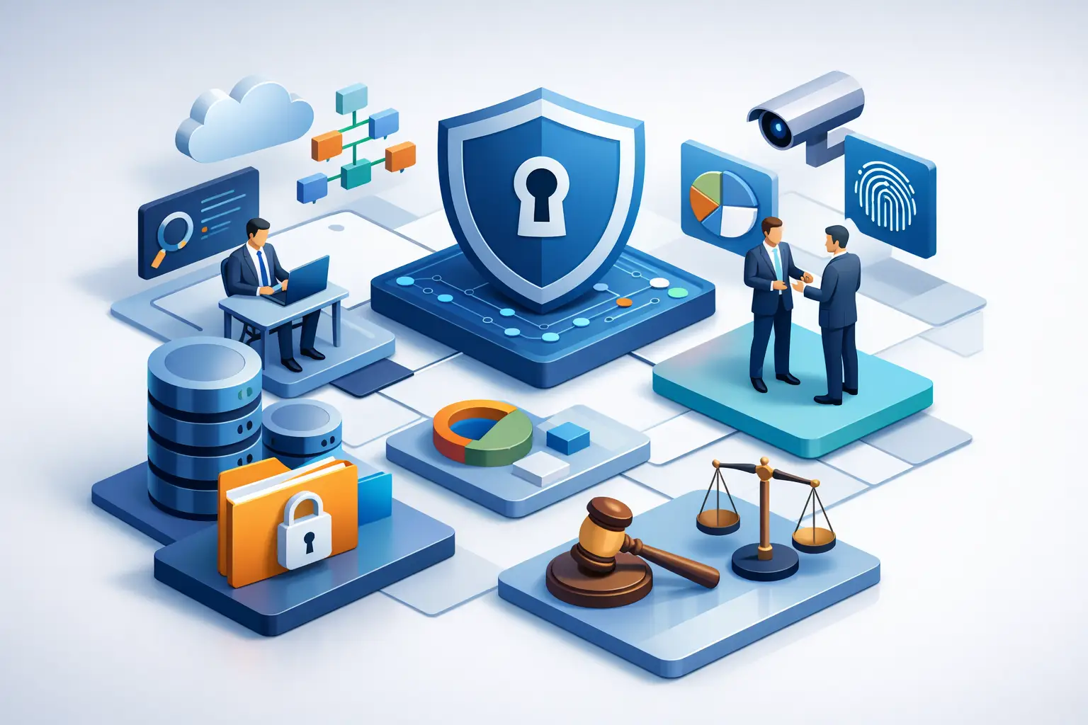 Isometric illustration of a privacy governance operating model with shield, data stores, legal scales, and cross-functional teams