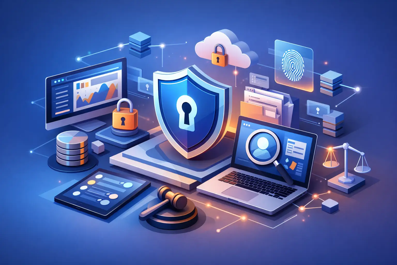 3D illustration of privacy governance software with security shield, dashboards, secured records, gavel and scales of justice