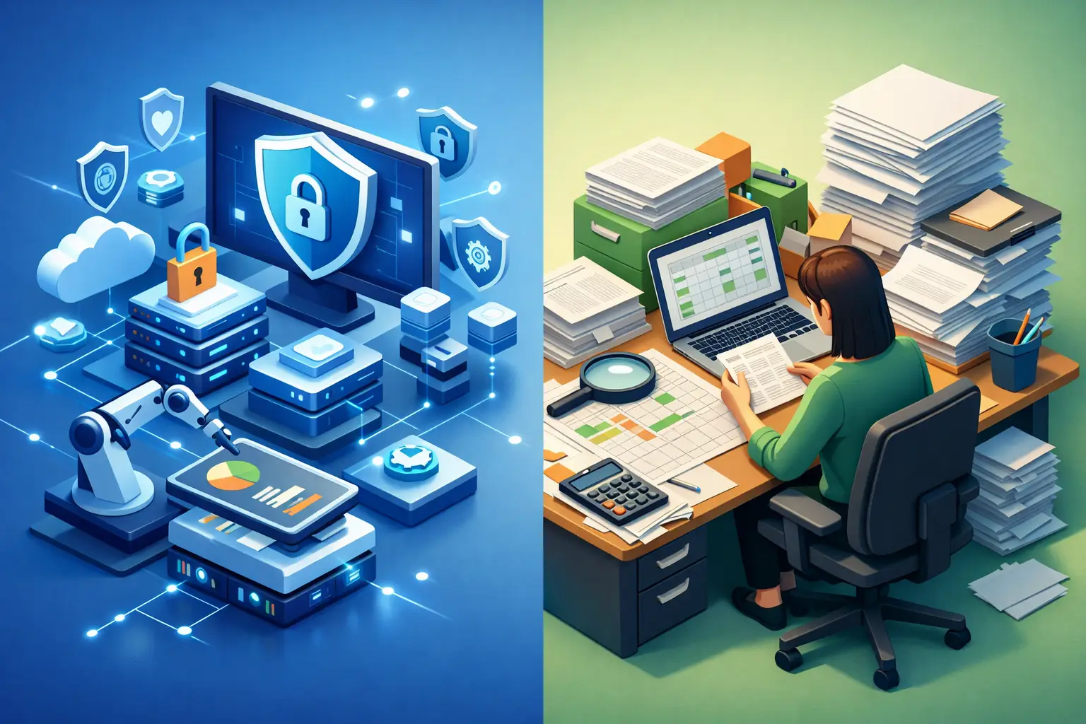 Split illustration comparing an automated privacy operations platform with an analyst buried in manual spreadsheets and paperwork