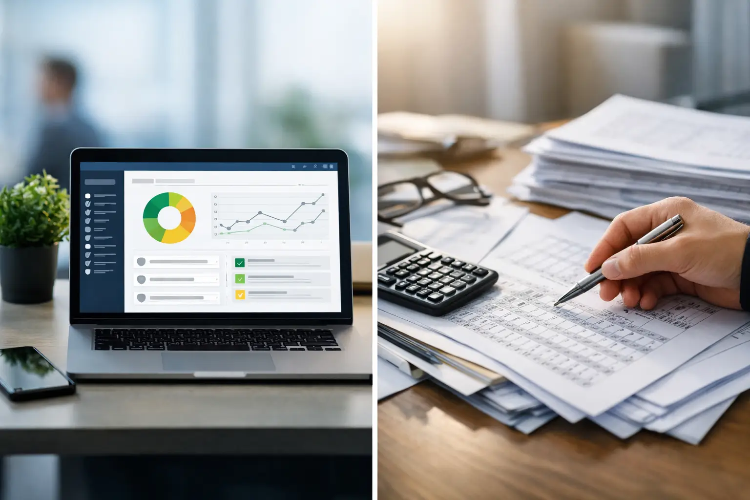 Split image comparing a privacy platform dashboard on a laptop with manual spreadsheet paperwork, calculator and pen