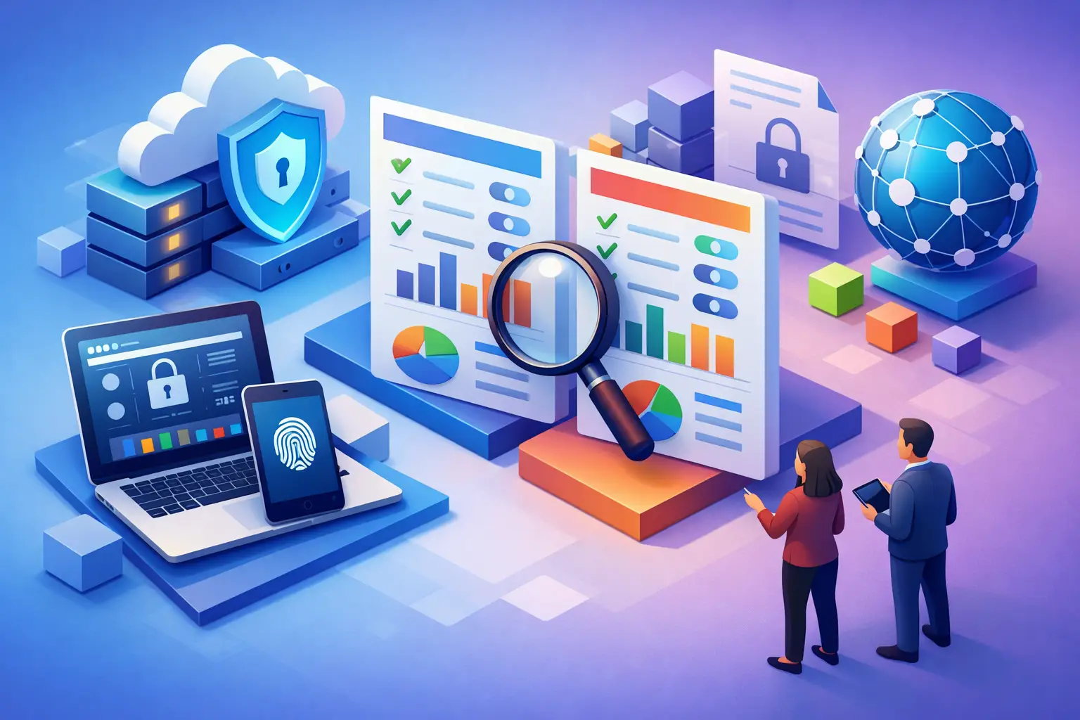 Isometric illustration of governance teams comparing privacy software dashboards with charts, controls and a magnifying glass