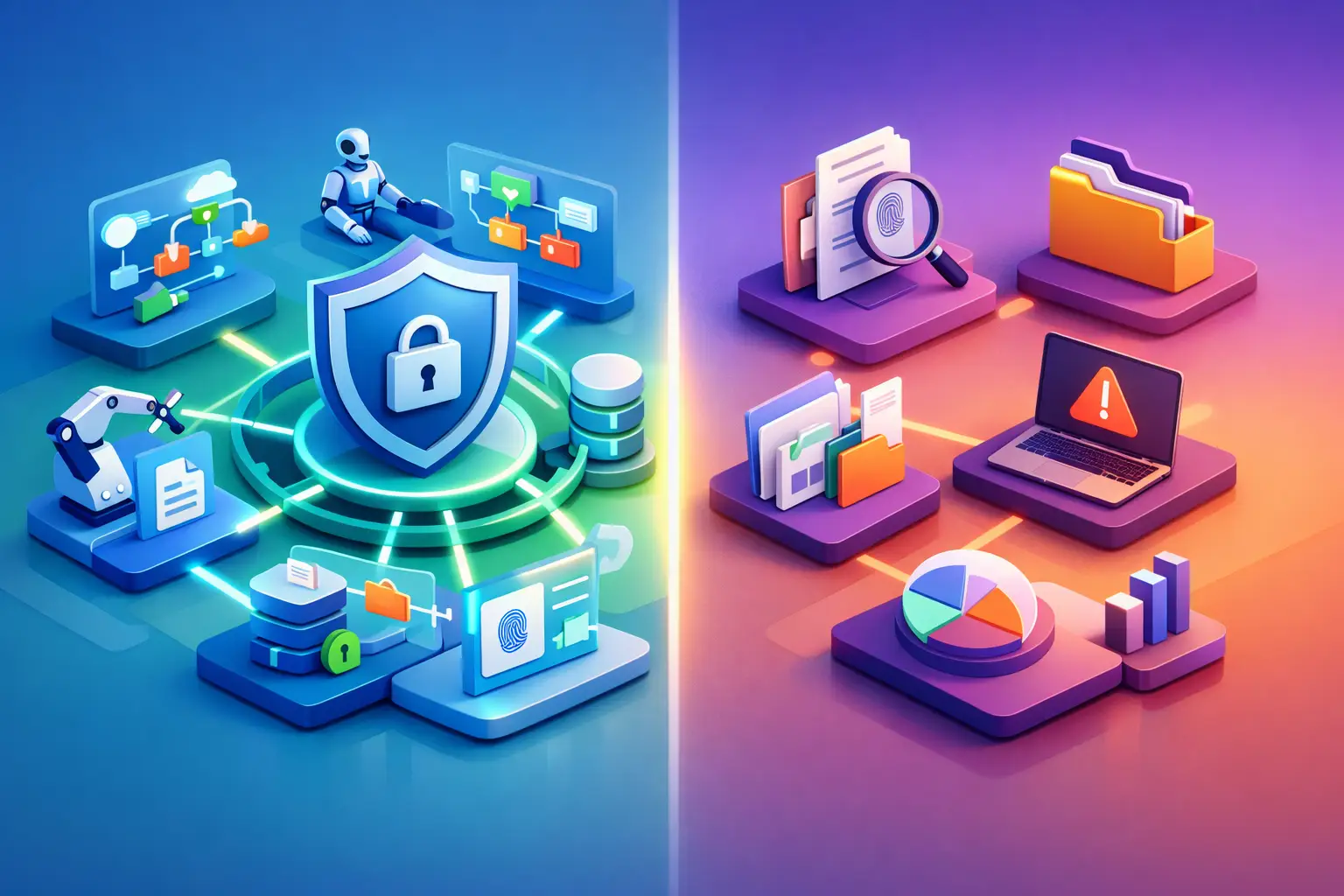 3D illustration comparing unified privacy workflow automation on the left with fragmented point tools on the right, showing shields, folders and dashboards