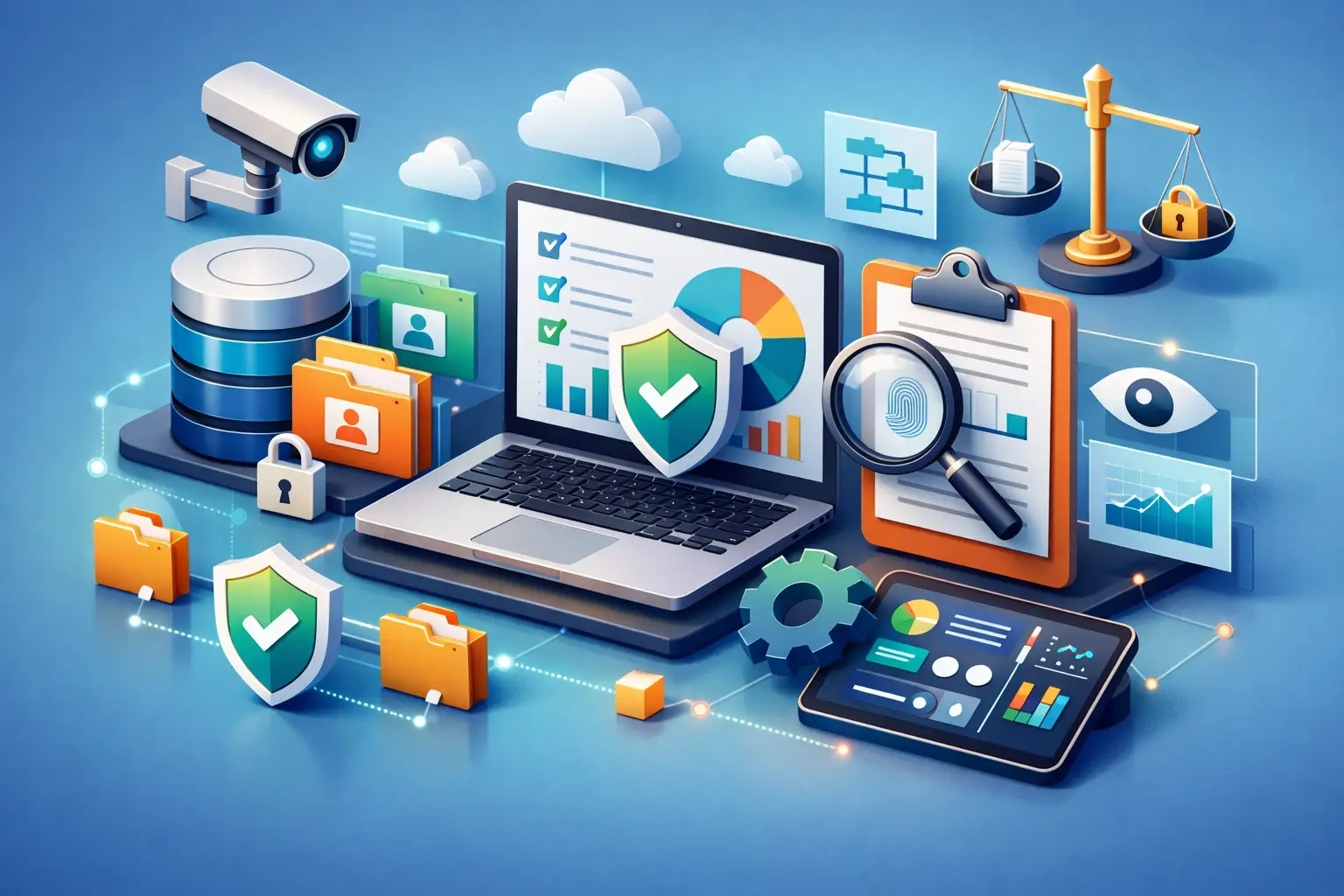 Isometric illustration of a laptop, records, shields and audit icons representing records of processing activities software