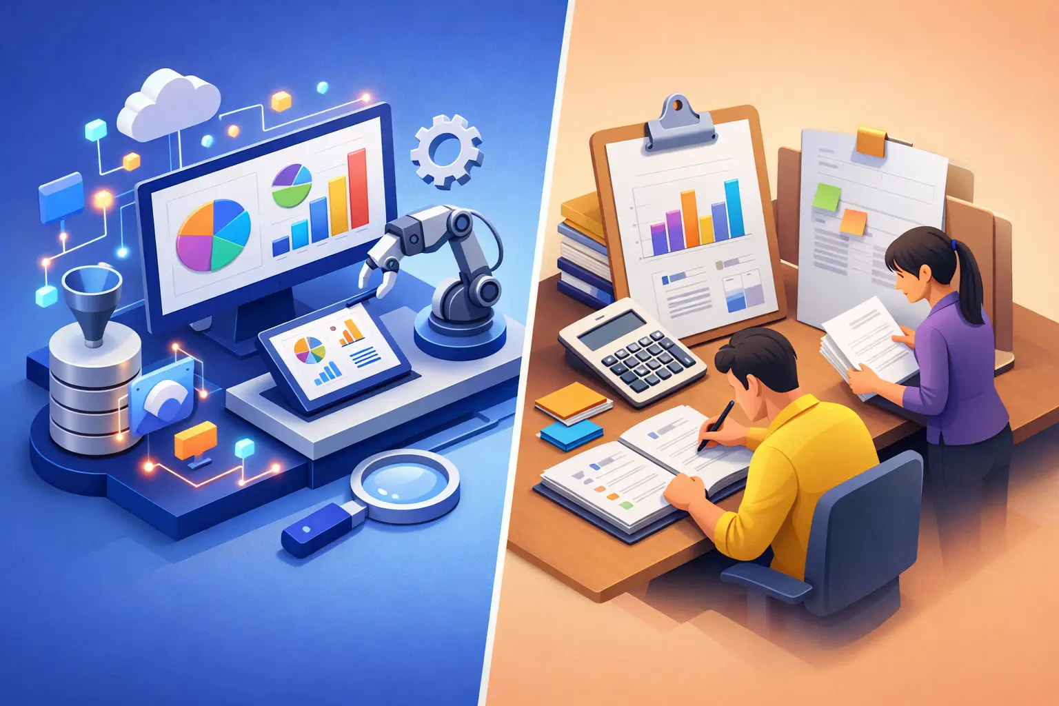 Split illustration contrasting an automated ROPA dashboard with a manual paper-based tracking workspace