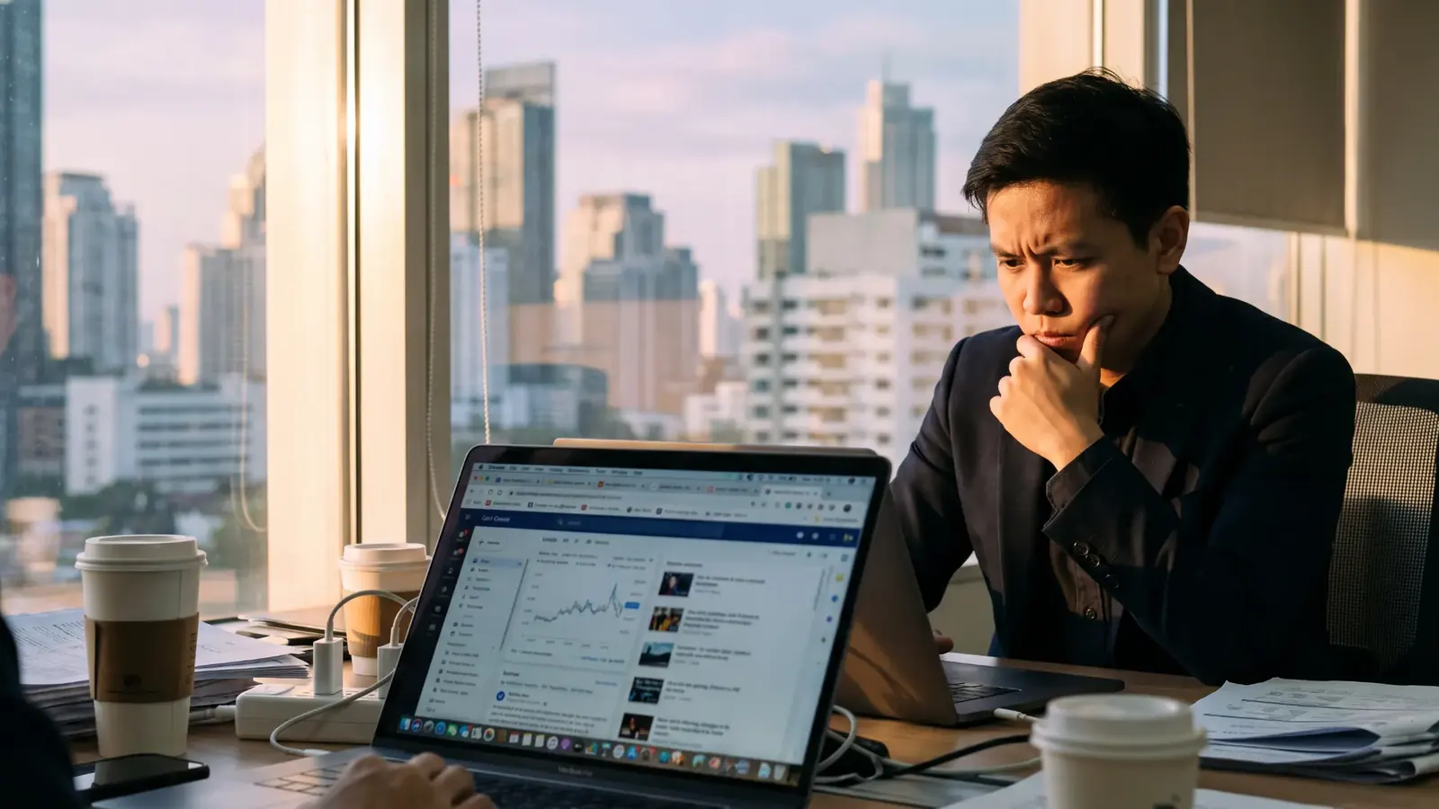 Professional reviewing unsanctioned AI tools on laptops in a city office