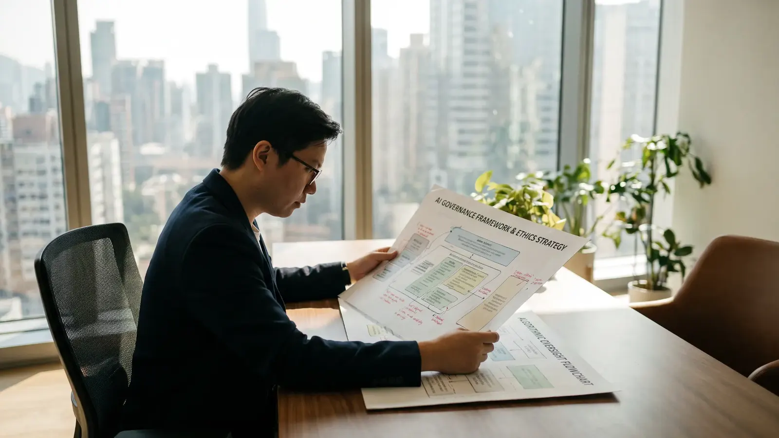 Professional reviewing an AI governance framework and oversight flowchart in a city office