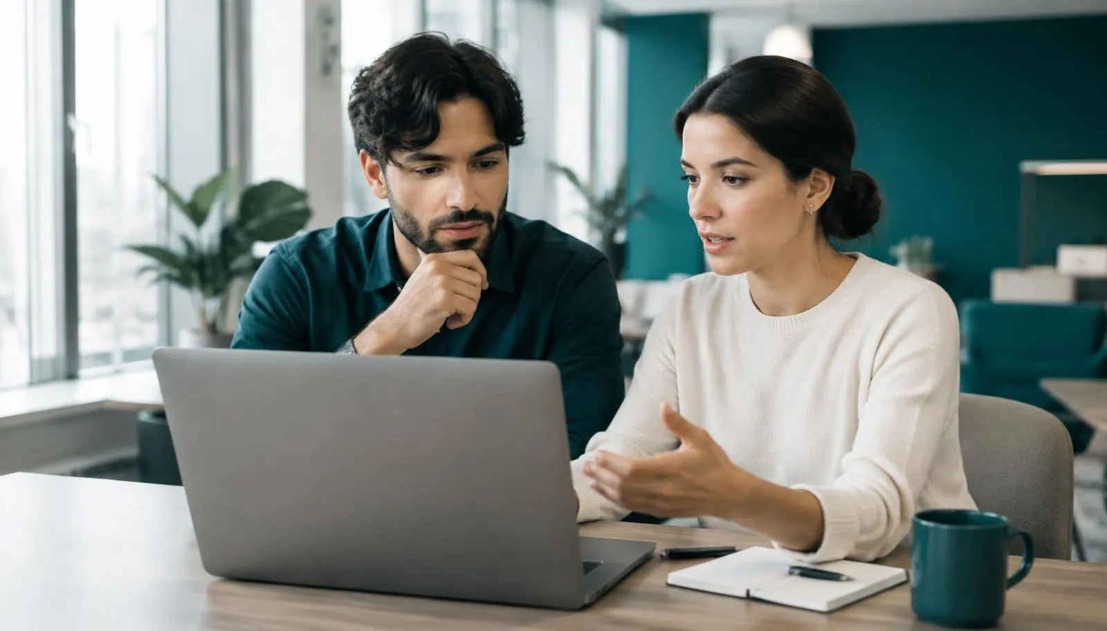 Two startup founders reviewing privacy and compliance documents on a laptop