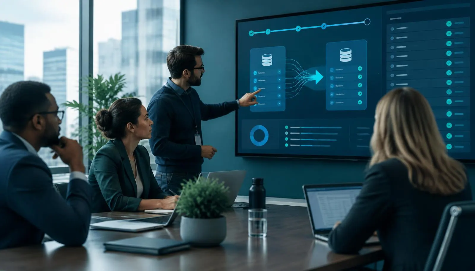 A privacy team reviewing a platform migration on a dashboard, moving records from a legacy system to Privacy360