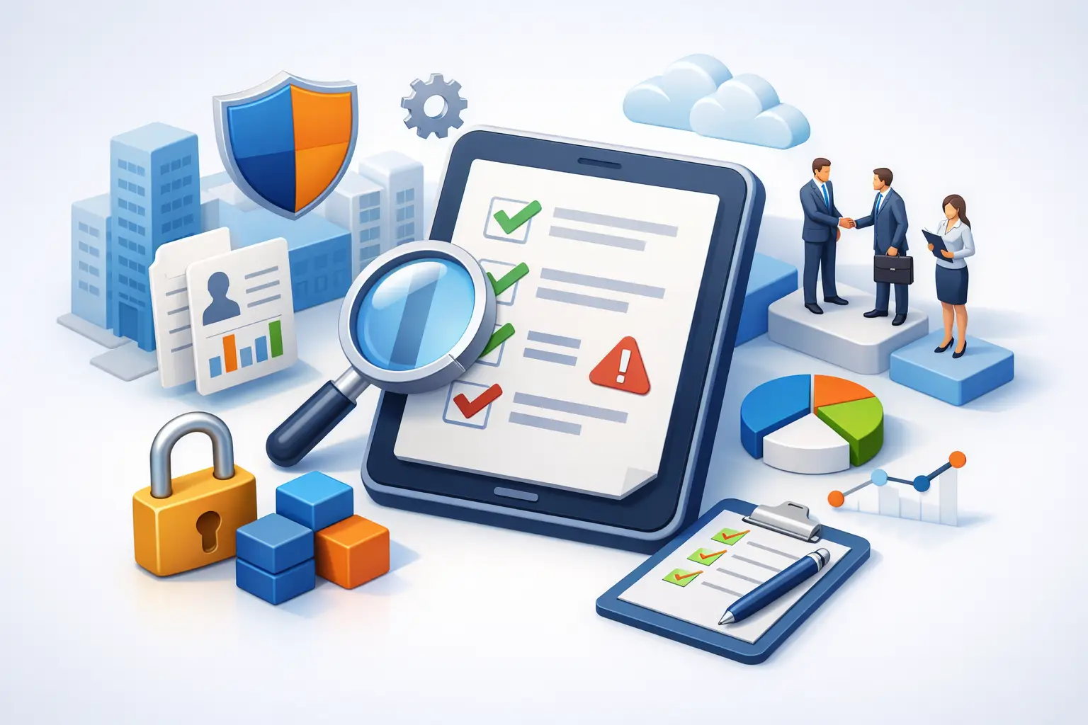 Isometric illustration of a third party risk assessment questionnaire with checklist, magnifier, padlock and supplier review icons