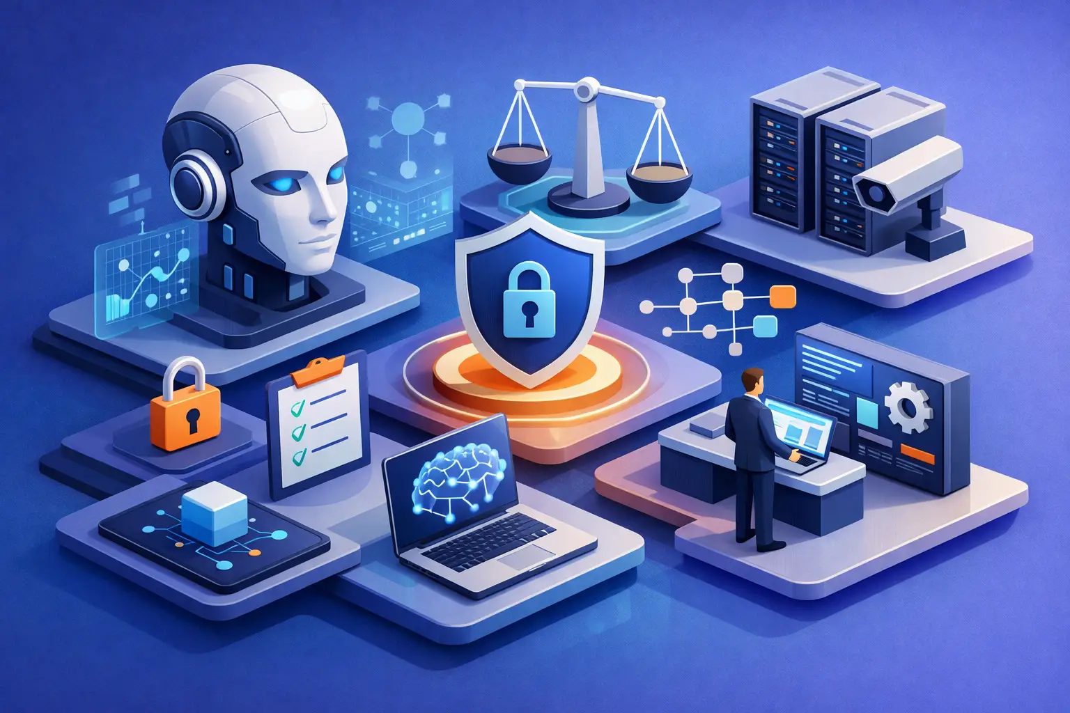3D illustration of enterprise AI governance with humanoid AI head, balance scales, shield with lock, server racks and analyst reviewing controls on a dashboard