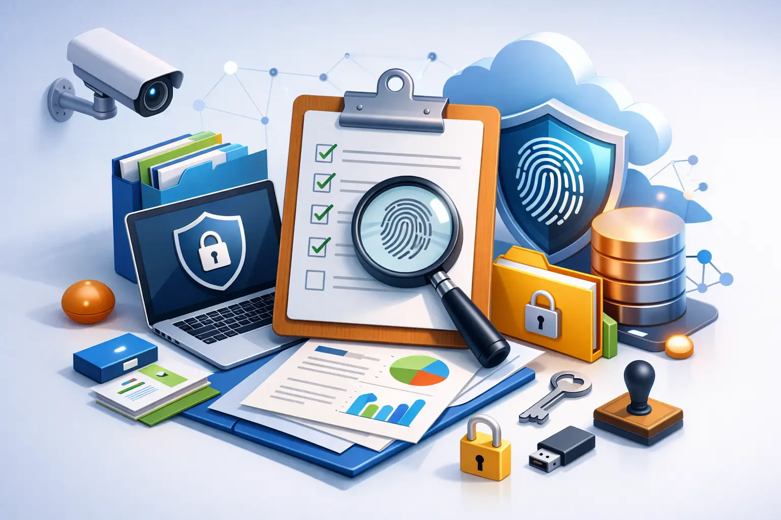 3D illustration of audit evidence practices with a clipboard checklist, magnifier, secured folders, shield and cloud records