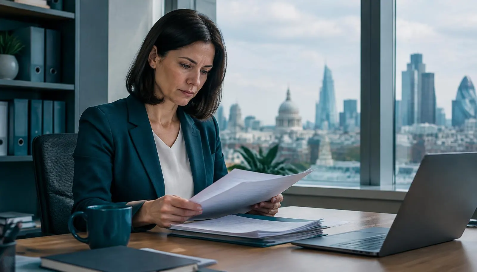 UK data protection officer reviewing enforcement papers in a London office