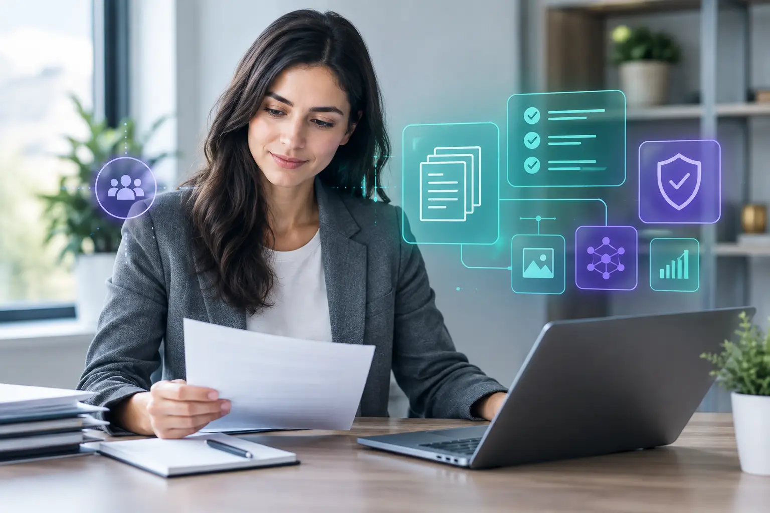Privacy professional reviewing vendor assessment documents with governance icons for contracts, evidence and risk
