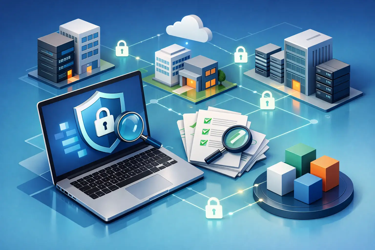Isometric illustration of vendor privacy assessment with supplier buildings, secured laptop, review checklist and risk scoring