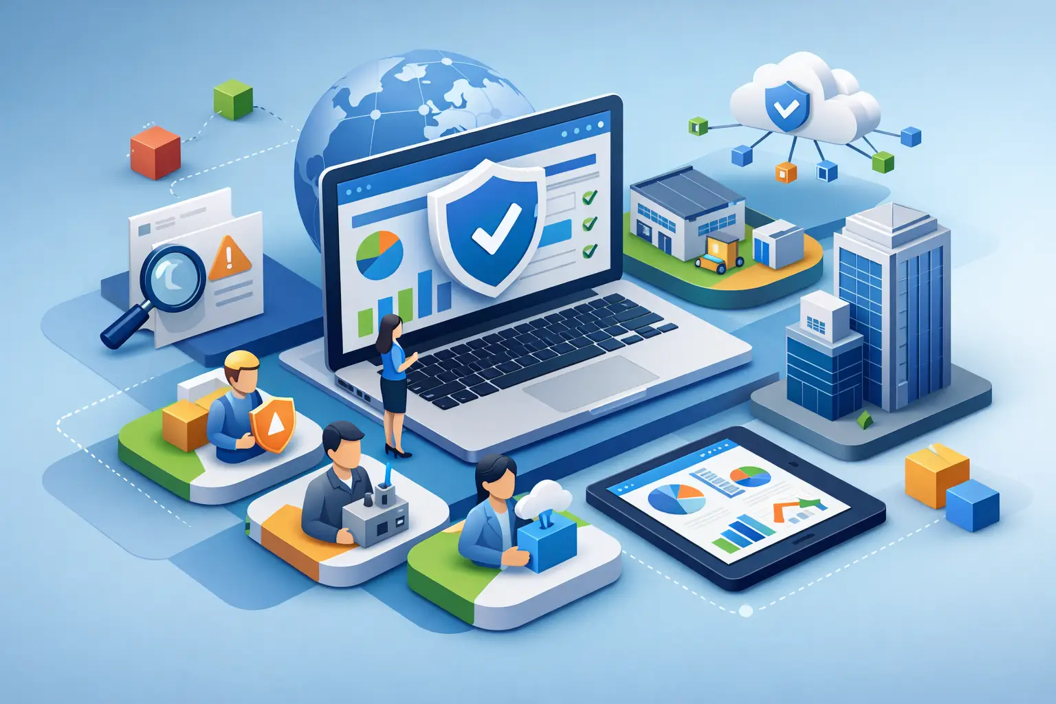 Isometric illustration of vendor risk assessment software with global suppliers, dashboards and approval workflows