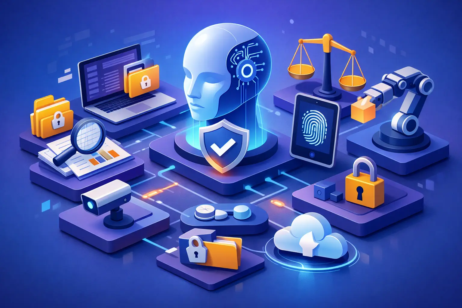 Isometric illustration of an AI compliance control plane with system registry, risk classification, vendor and incident oversight
