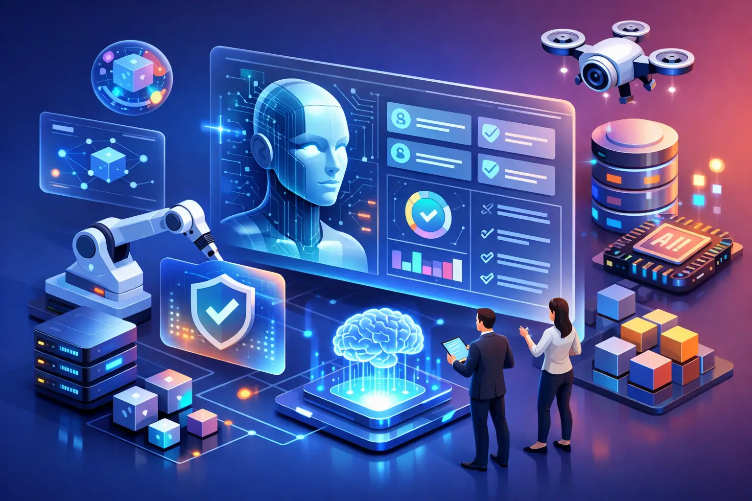 Isometric illustration of AI system registry software showing a governance dashboard, AI model, compliance shield and reviewers managing AI assets
