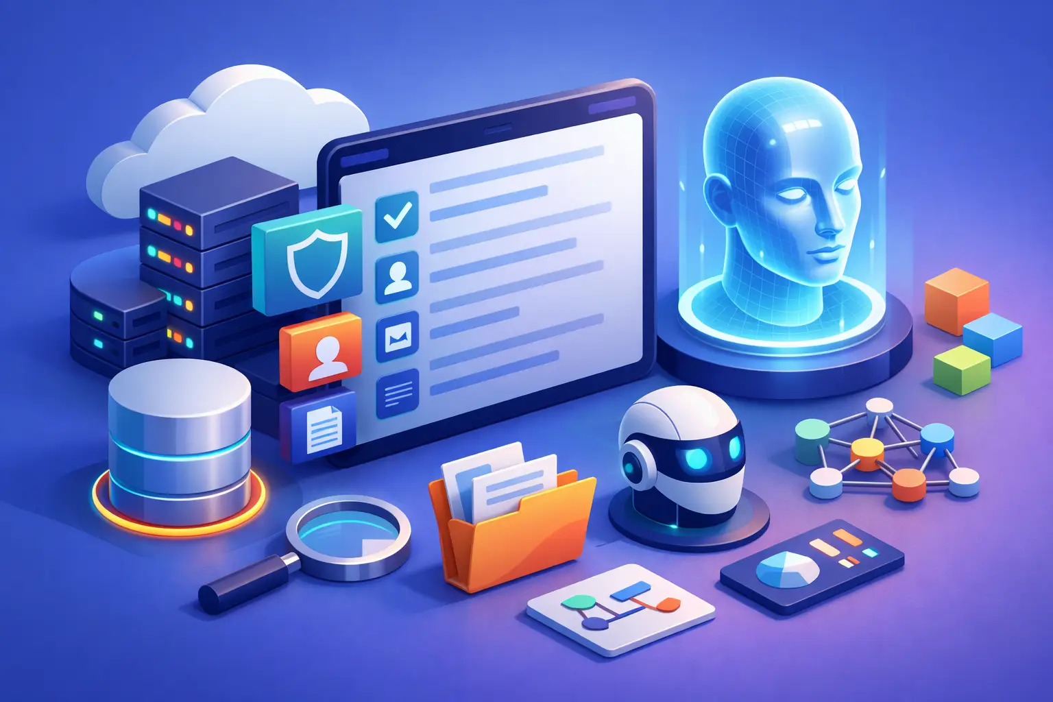 3D illustration of an AI register with record dashboard, robot, AI head hologram, servers and data node network