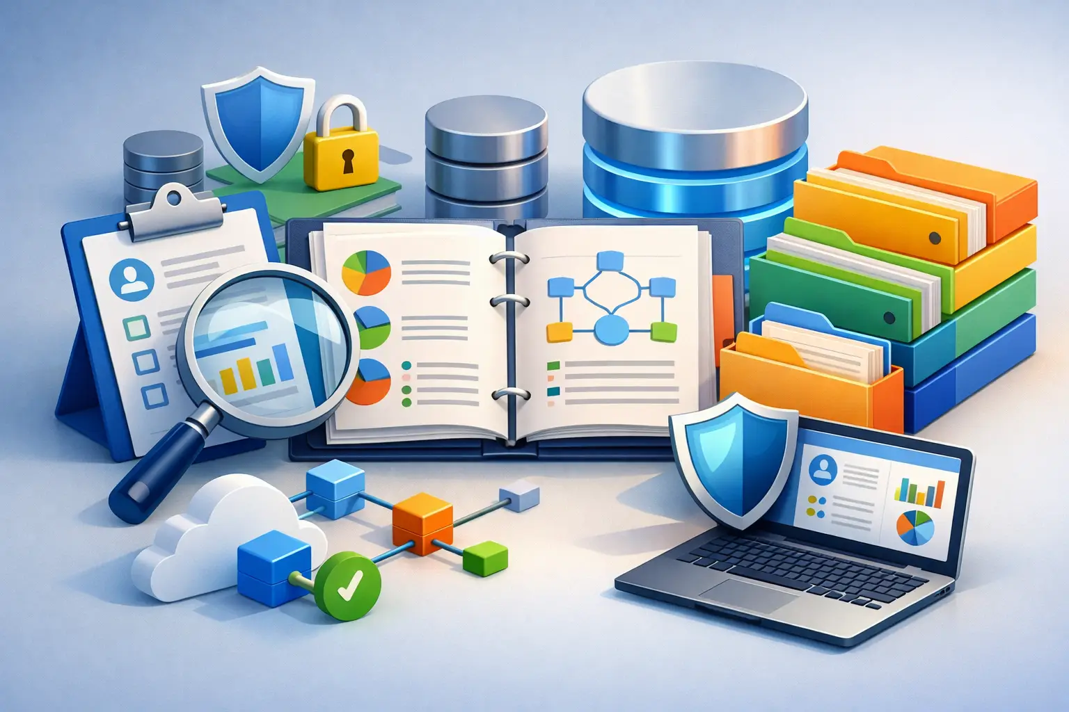 3D illustration of a ROPA record with open register book, checklist, magnifier, colour-coded folders and secured databases