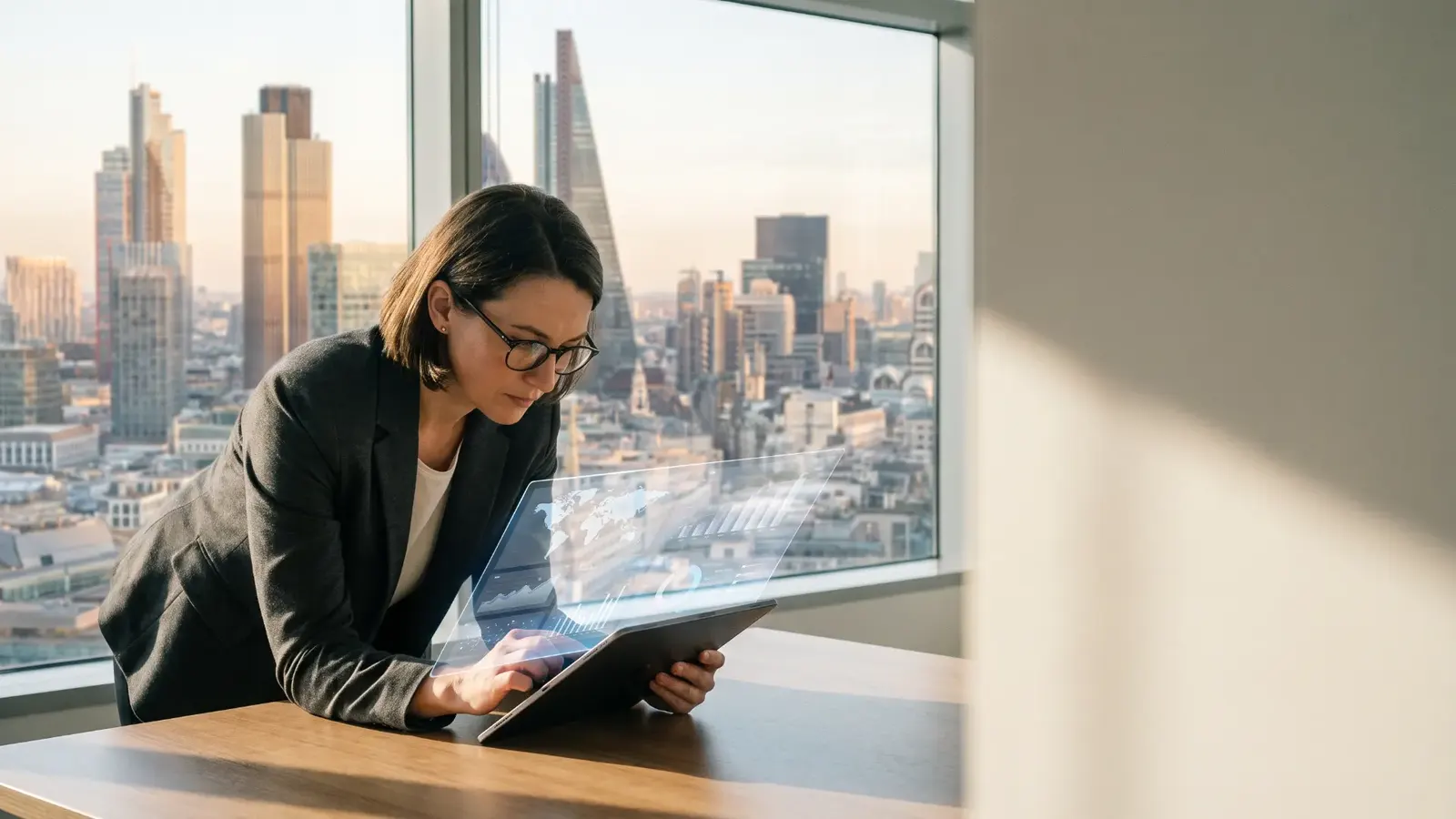 Privacy professional reviewing a data map and analytics on a tablet in a city office