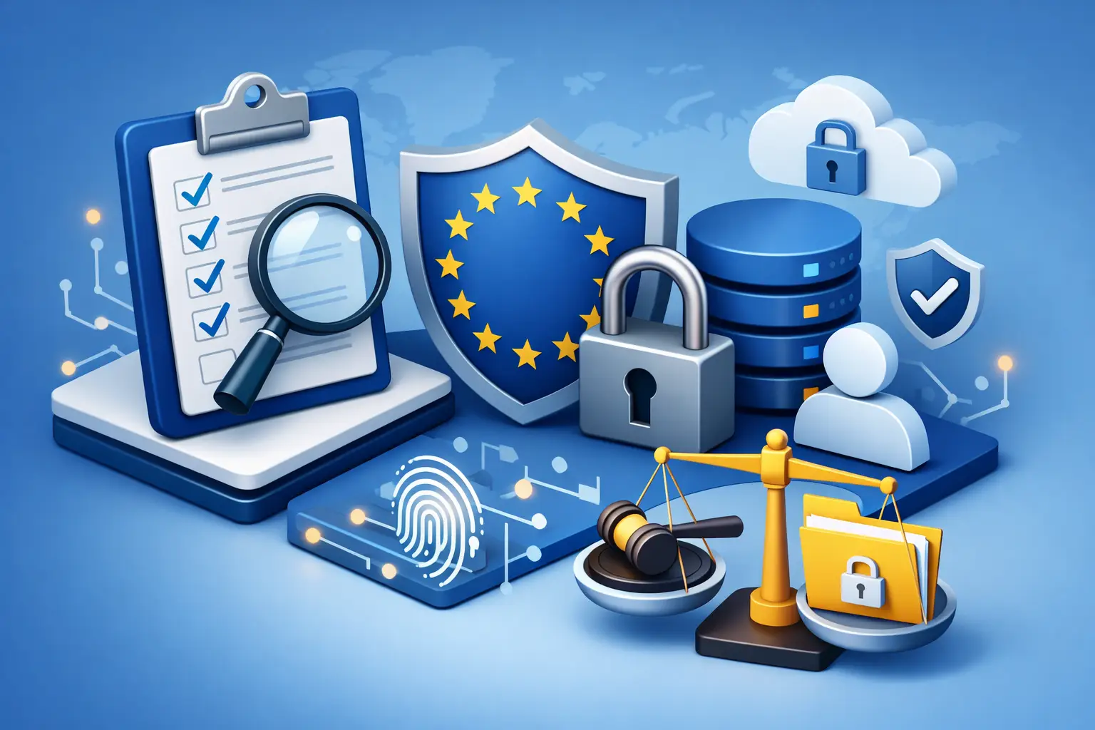 Isometric illustration of a GDPR DPIA workflow with checklist, EU shield, scales of justice and secure data systems