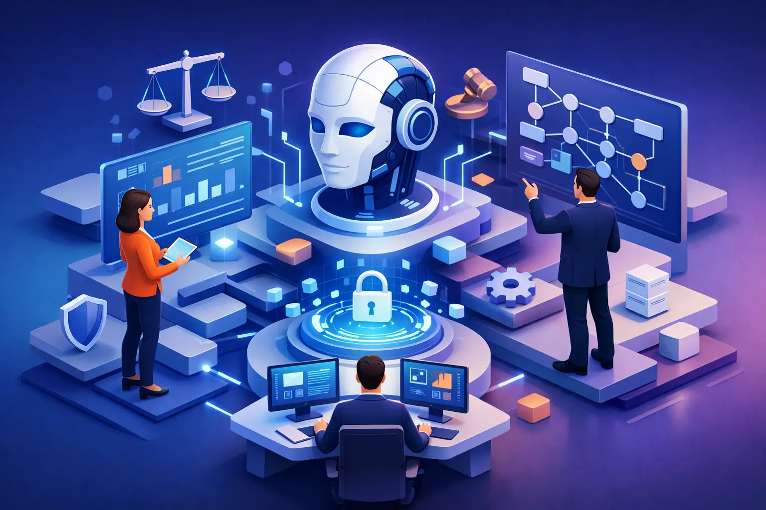 Illustration of privacy, legal and business teams collaborating around an AI system with dashboards and control workflows