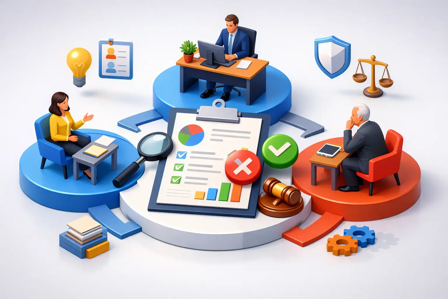 3D illustration of an LIA approval process with reviewers, assessment clipboard, approval and rejection markers and a gavel